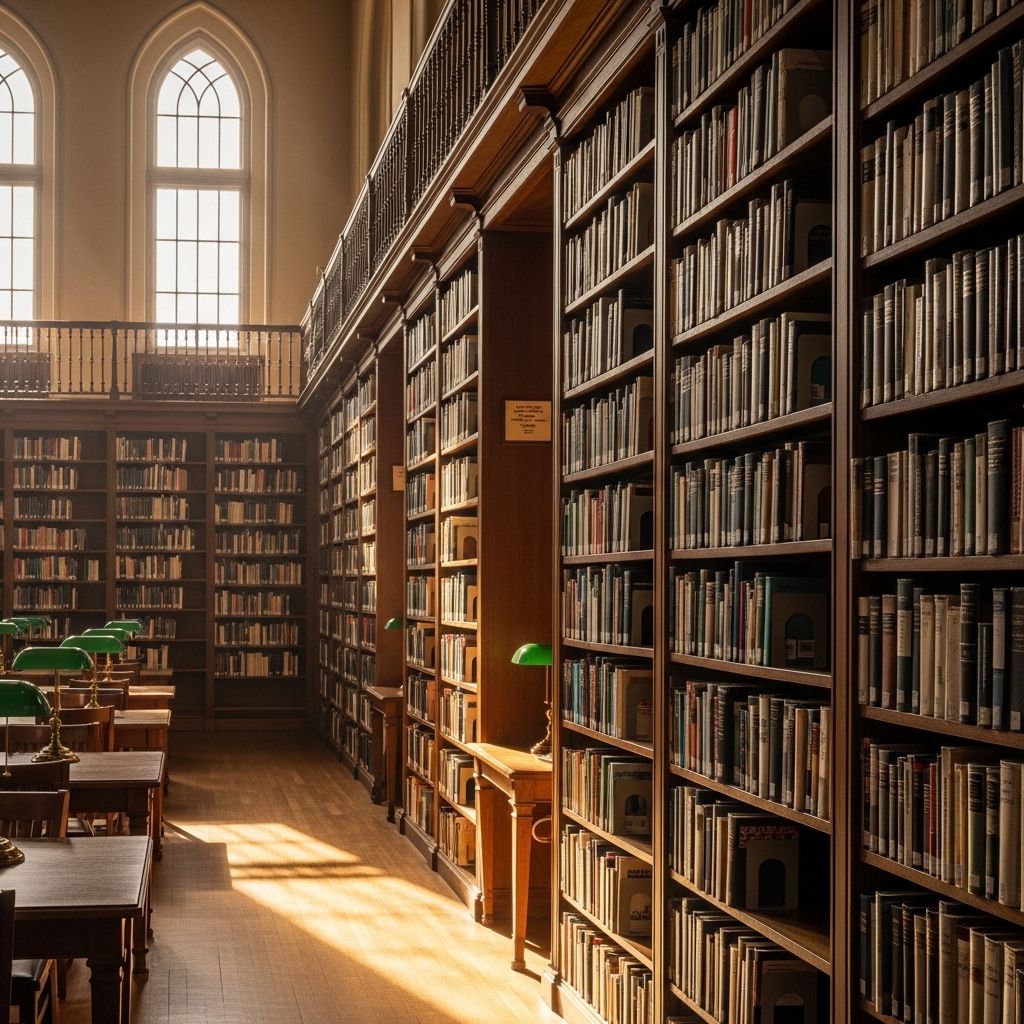 Bibliothèque universitaire avec de grandes étagères remplies de livres scientifiques, éclairée par une lumière chaude filtrant par de hautes fenêtres, évoquant la recherche et le savoir académique