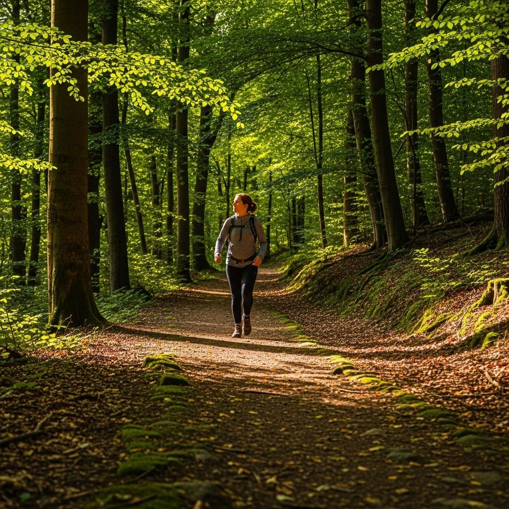 Personne pratiquant une marche rapide en forêt sur un chemin ensoleillé, évoquant une activité physique douce et régulière dans la nature