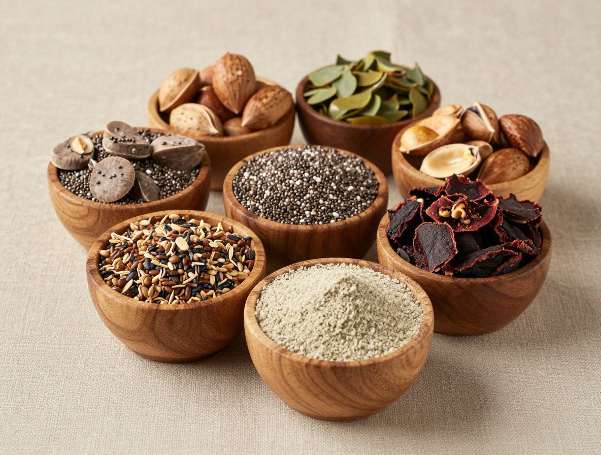 Assortiment naturel de noix variées, graines de chia, baies séchées et poudre de spiruline dans de petits bols en bois sur fond de tissu en lin beige, représentant la diversité des sources nutritionnelles naturelles