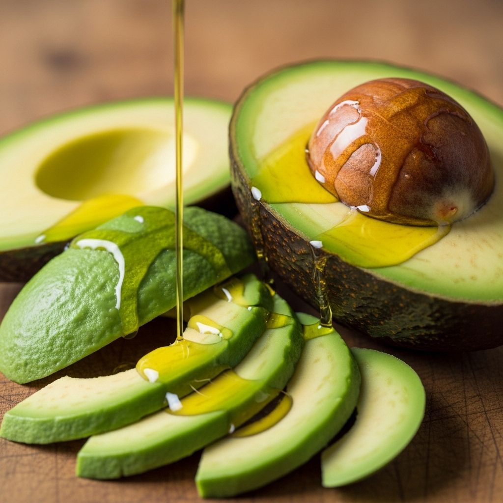 Avocat tranché, huile d'olive dans un petit flacon en verre et noix assorties sur planche en bois, représentant les graisses végétales naturelles