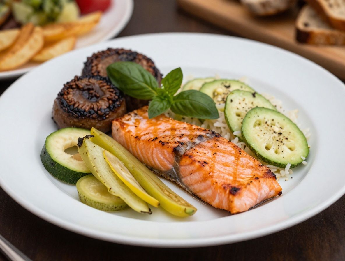 Composition équilibrée de repas sain sur assiette blanche : légumes vapeur colorés, portion de riz complet, filet de saumon grillé et herbes fraîches