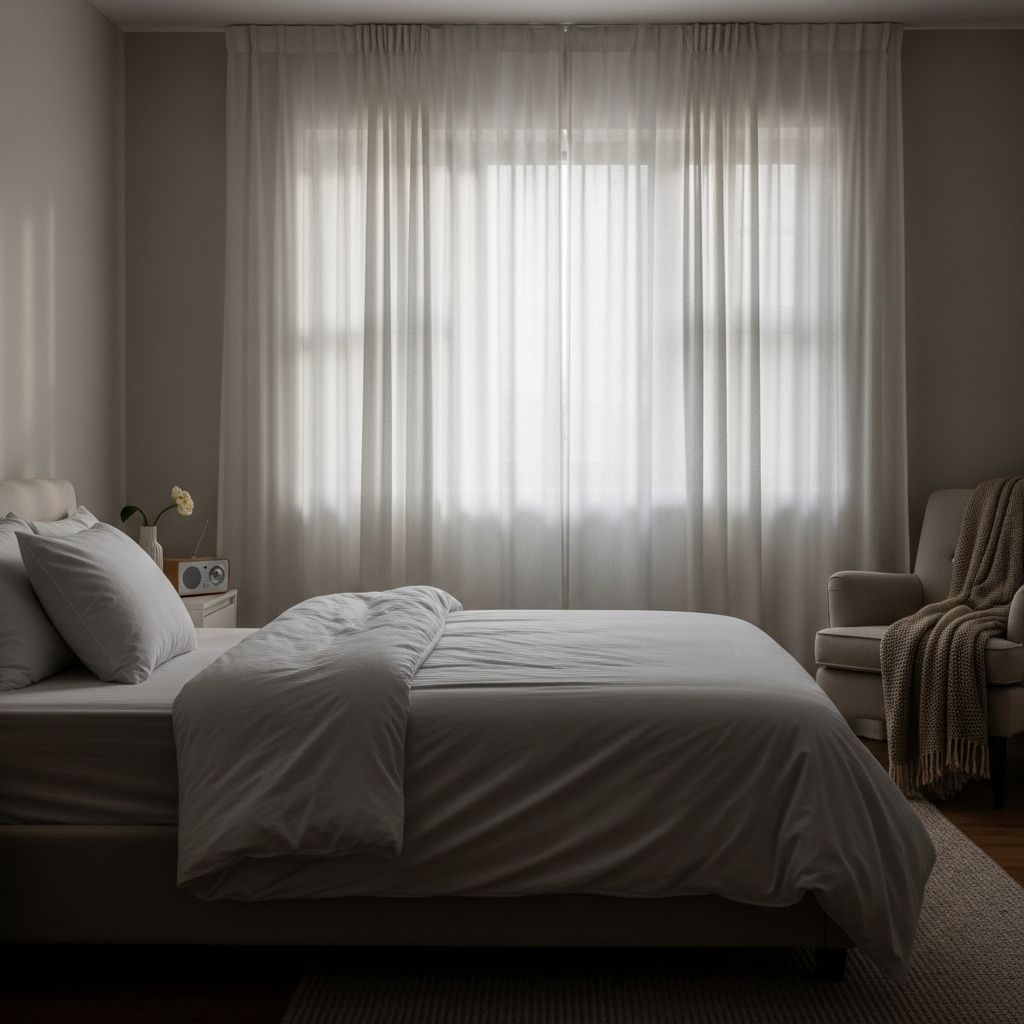 Chambre calme avec rideaux semi-transparents laissant filtrer une douce lumière matinale, suggérant un environnement propice au repos et à la récupération physiologique